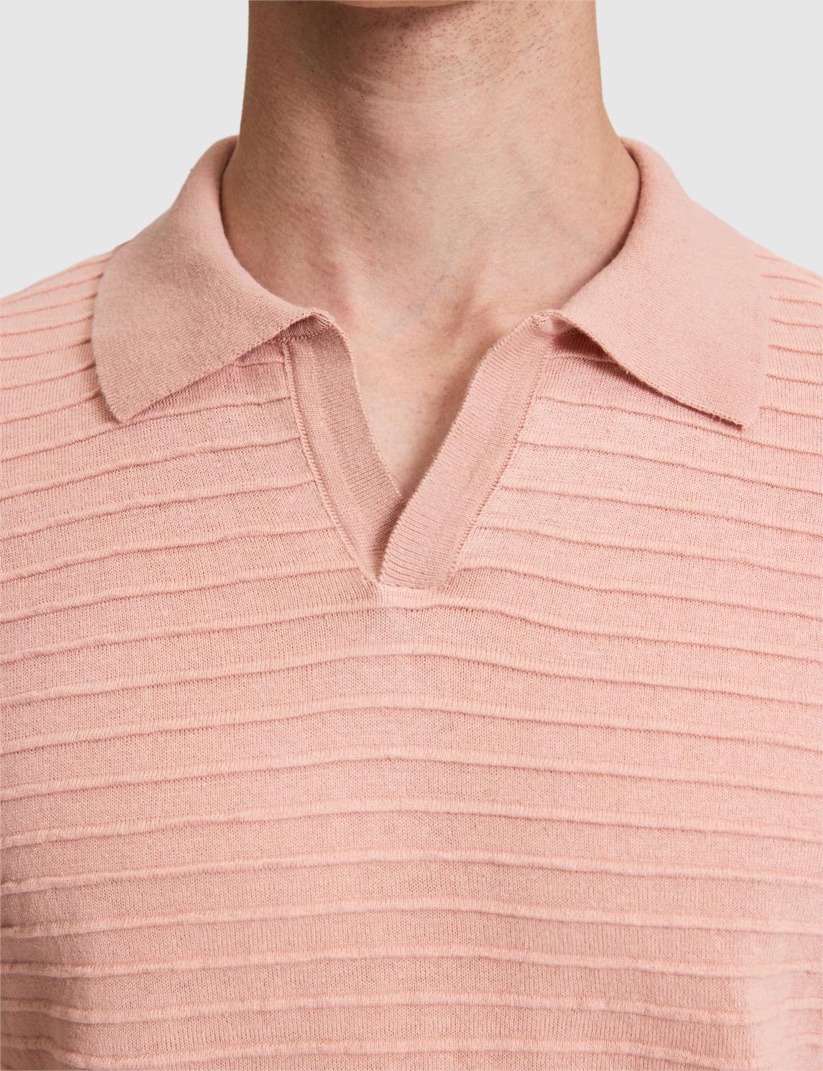 Somon Slim Fit Keten Karışımlı Apaş Yaka Triko Tişört - 50320799040