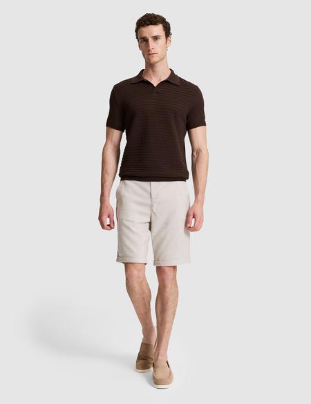 Koyu Kahverengi Slim Fit Keten Karışımlı Apaş Yaka Triko Tişört - 50320799053