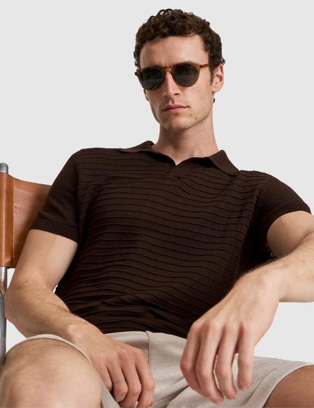 Koyu Kahverengi Slim Fit Keten Karışımlı Apaş Yaka Triko Tişört - 50320799053