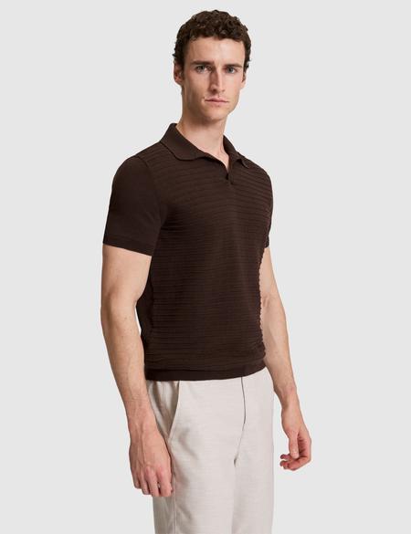 Koyu Kahverengi Slim Fit Keten Karışımlı Apaş Yaka Triko Tişört - 50320799053