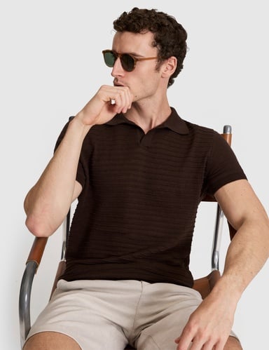 Koyu Kahverengi Slim Fit Keten Karışımlı Apaş Yaka Triko Tişört