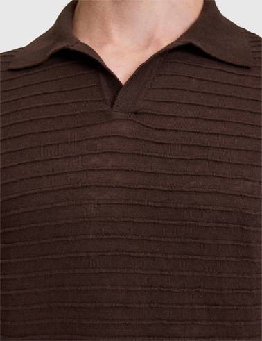 Koyu Kahverengi Slim Fit Keten Karışımlı Apaş Yaka Triko Tişört