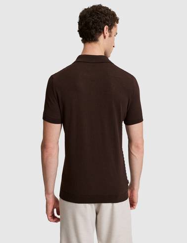Koyu Kahverengi Slim Fit Keten Karışımlı Apaş Yaka Triko Tişört