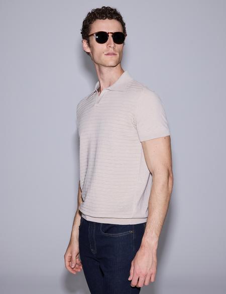 Bej Slim Fit Keten Karışmlı Apaş Yaka Triko Tişört - 50320799007