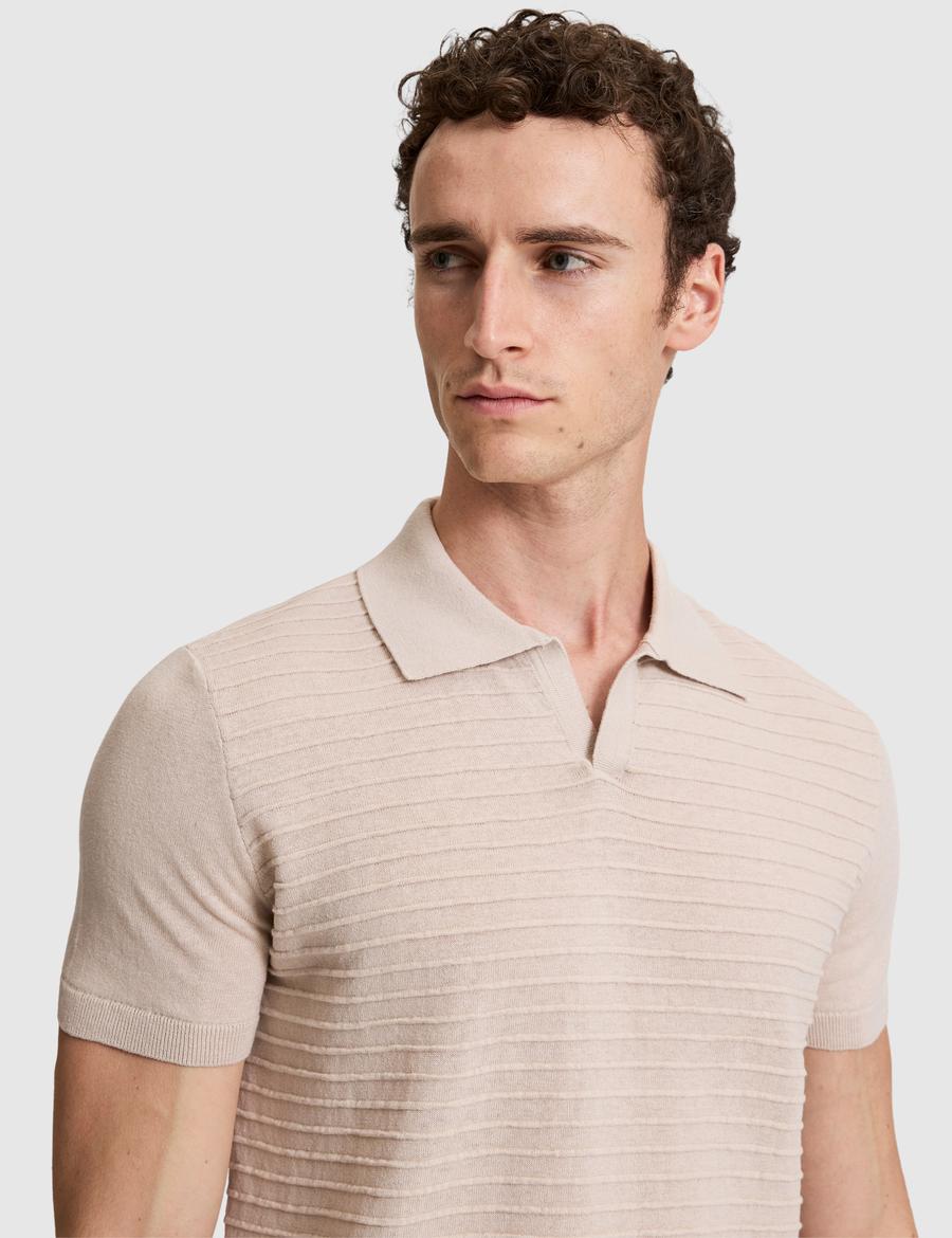 Bej Slim Fit Keten Karışmlı Apaş Yaka Triko Tişört
