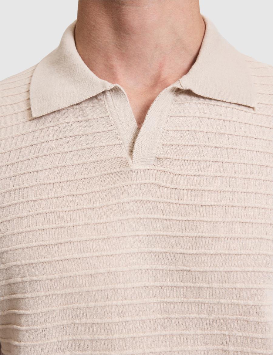 Bej Slim Fit Keten Karışmlı Apaş Yaka Triko Tişört