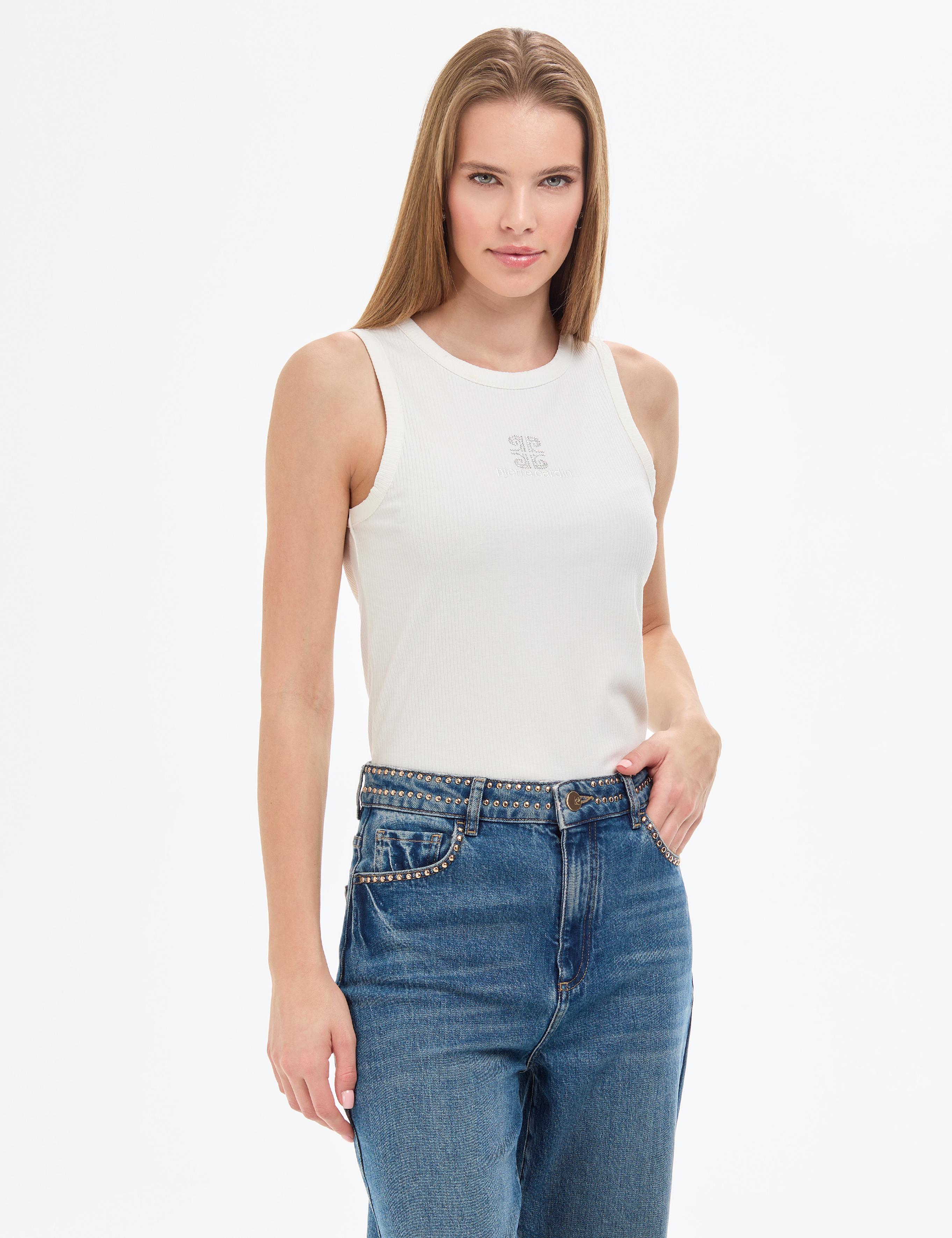 Beyaz Slim Fit Örme Bluz