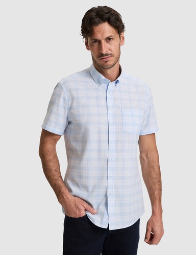 Açık Mavi Regular Fit Kareli Kısa Kollu Gömlek