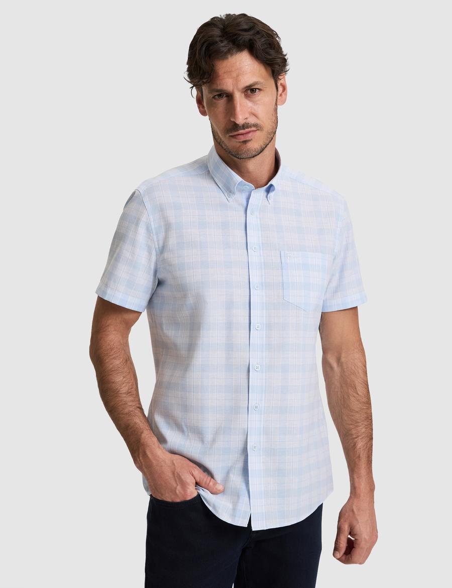 Açık Mavi Regular Fit Kareli Kısa Kollu Gömlek