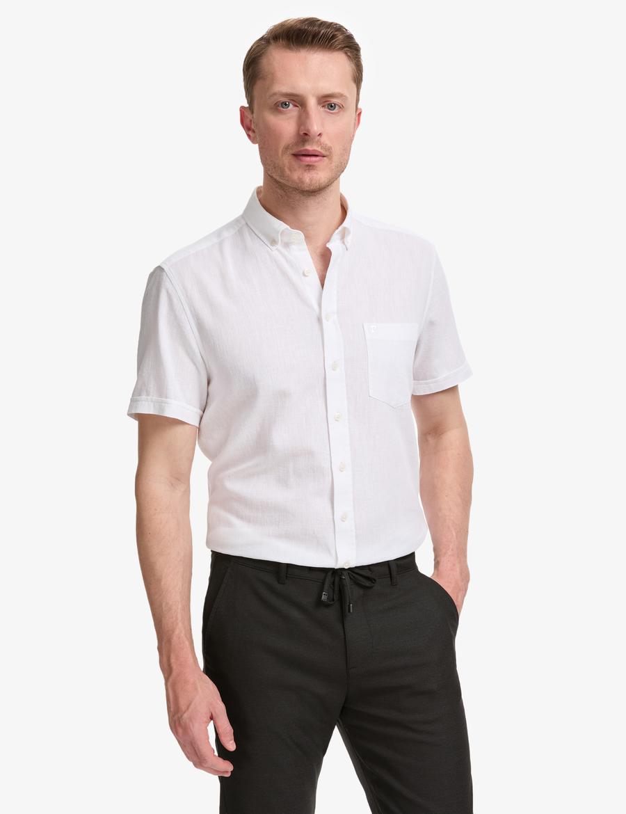 Beyaz Keten Karışımlı Regular Fit Kısa Kollu Gömlek