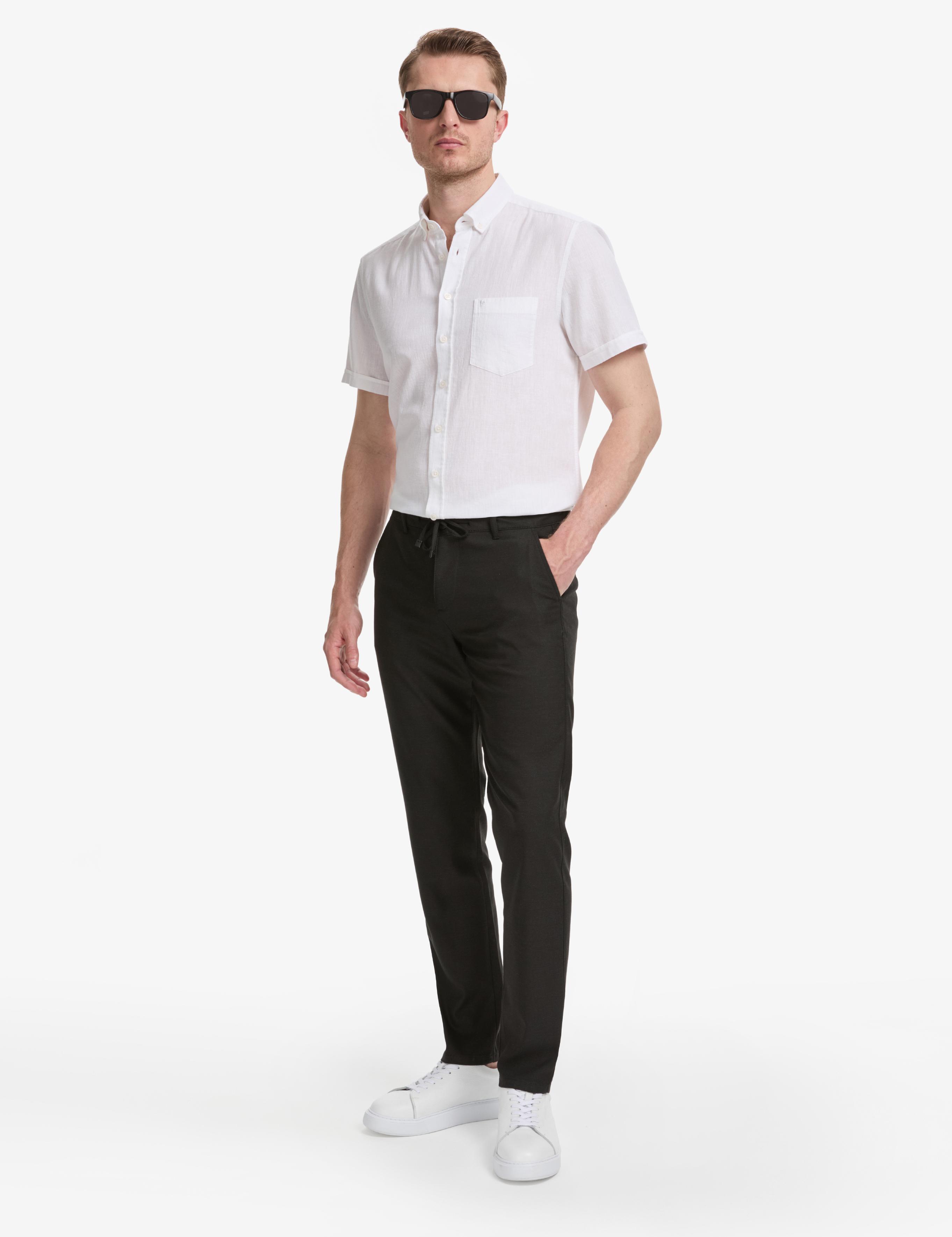 Beyaz Keten Karışımlı Regular Fit Kısa Kollu Gömlek