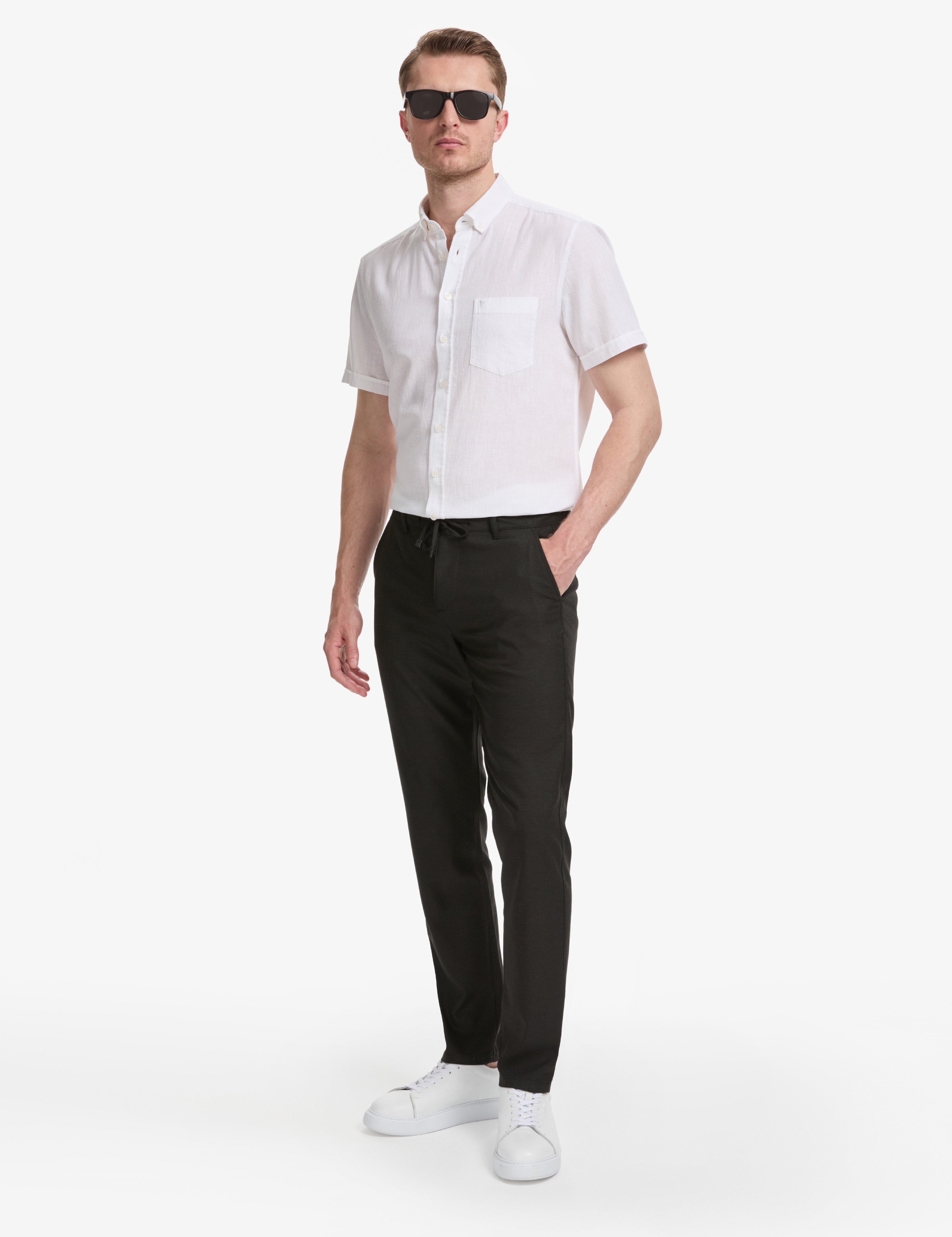 Beyaz Keten Karışımlı Regular Fit Kısa Kollu Gömlek