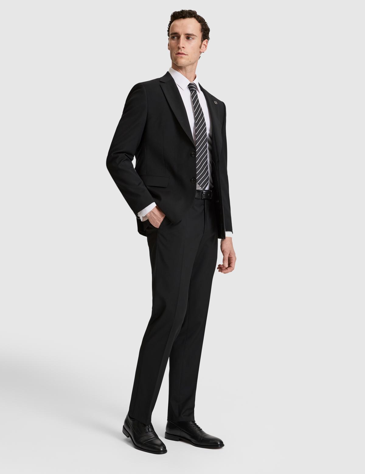 Siyah Slim Fit %100 Yün Mono Yaka Takım Elbise - 50322358044