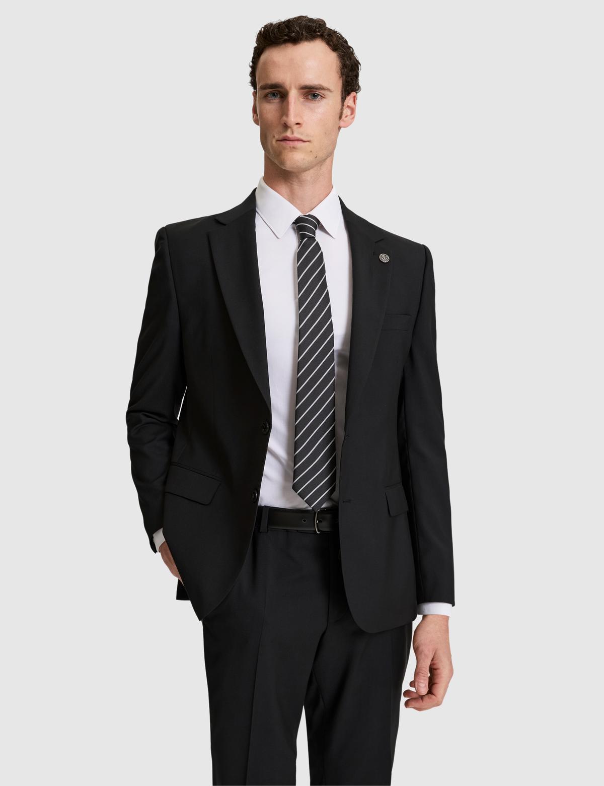Siyah Slim Fit %100 Yün Mono Yaka Takım Elbise - 50322358044