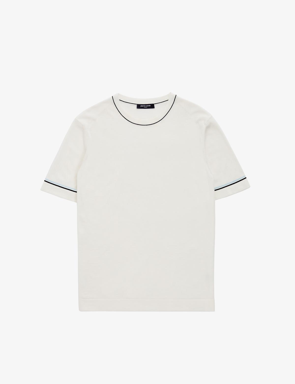 Ekru Slim Fit %100 Pamuk Bisiklet Yaka Triko Tişört - 50320794001