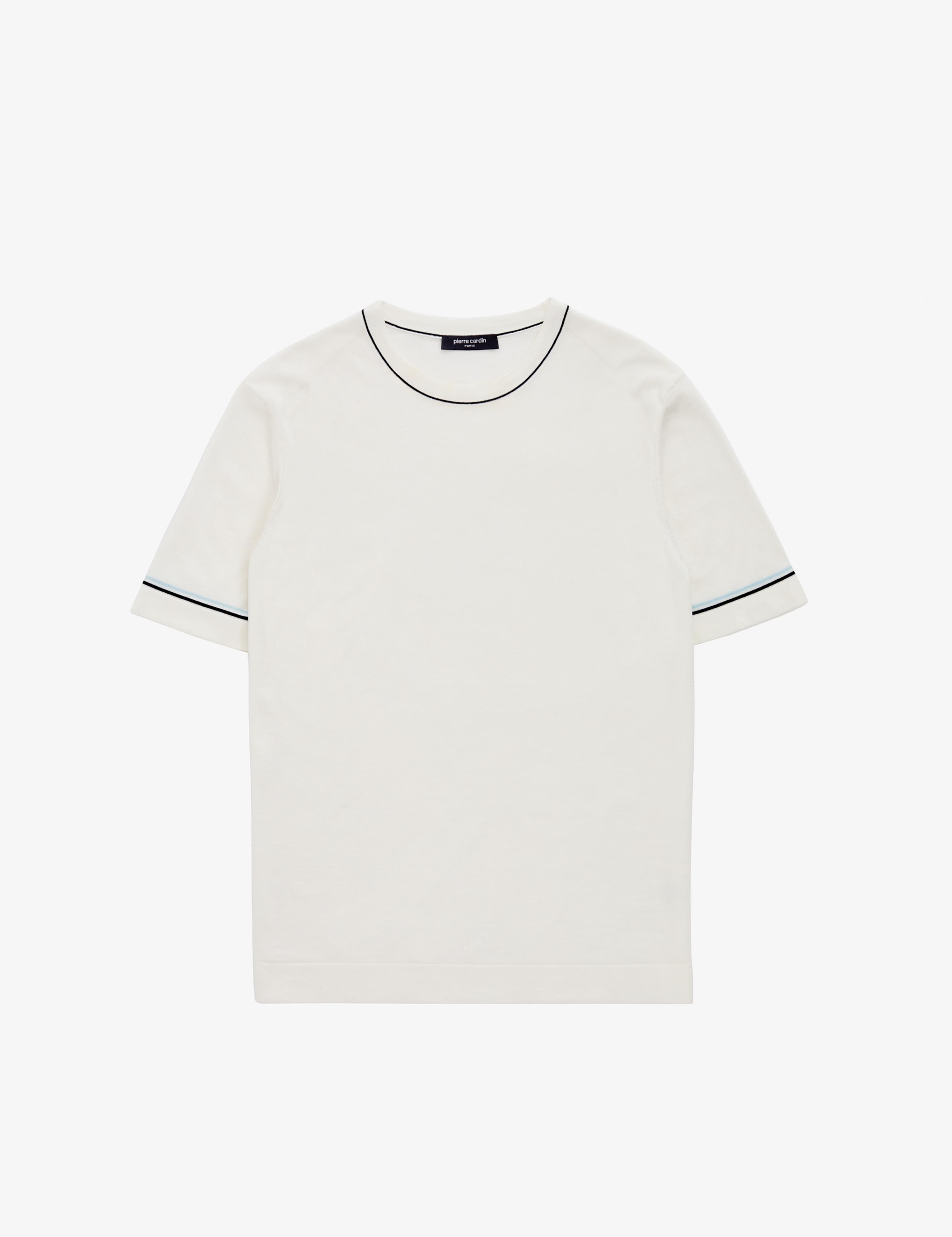 Ekru Slim Fit %100 Pamuk Bisiklet Yaka Triko Tişört