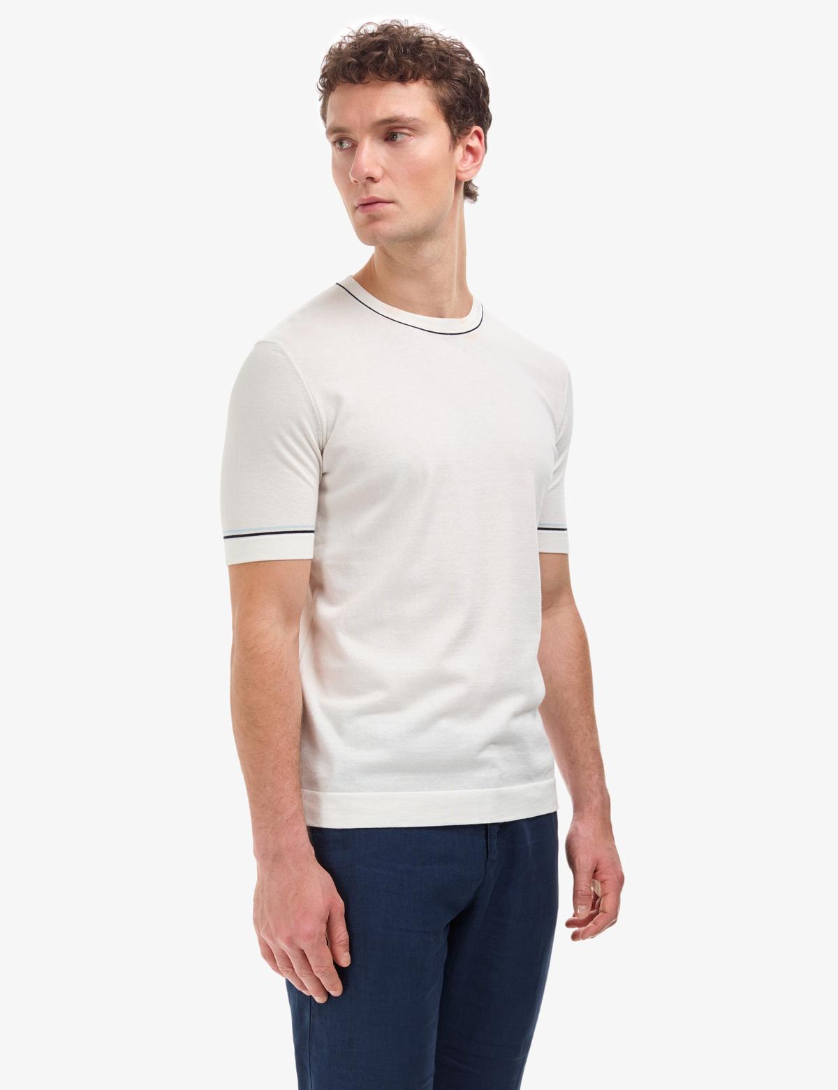 Ekru Slim Fit %100 Pamuk Bisiklet Yaka Triko Tişört - 50320794001