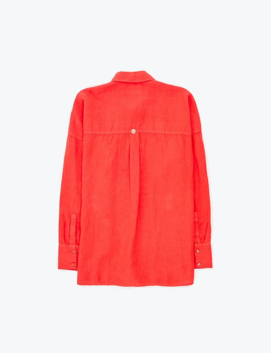 Nar Çiçeği Oversize Uzun Kollu %100 Keten Gömlek