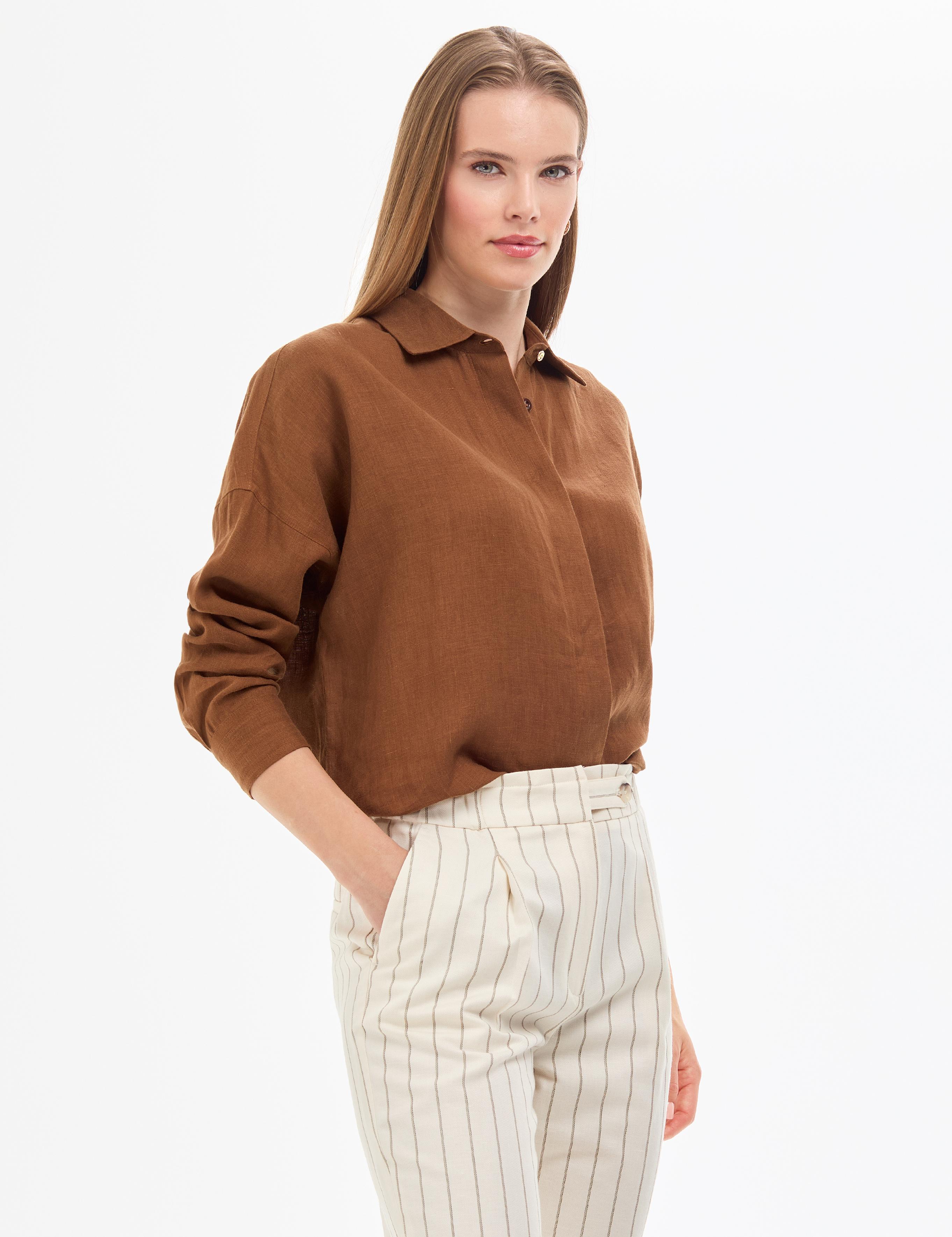 Kahverengi Oversize Uzun Kollu Gömlek