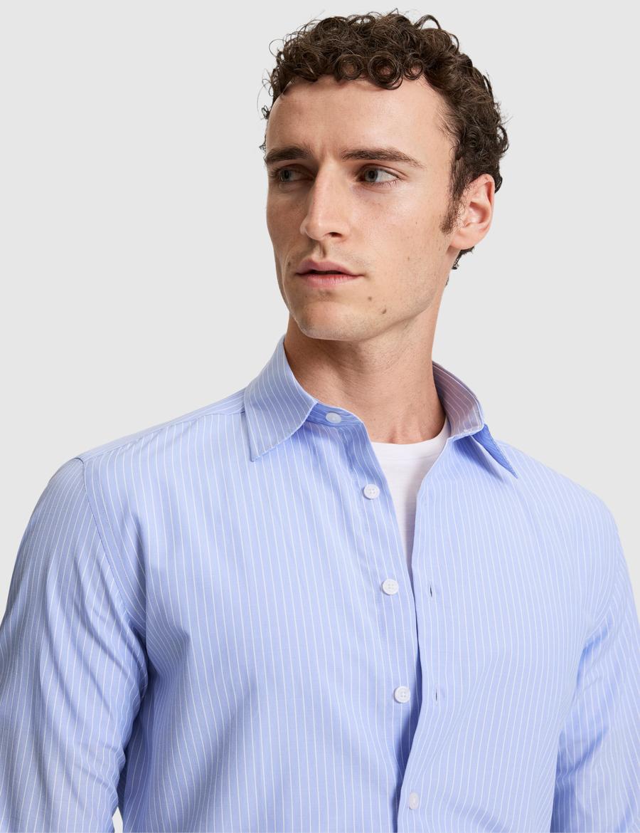 Açık Mavi Slim Fit Çizgili Uzun Kollu Gömlek