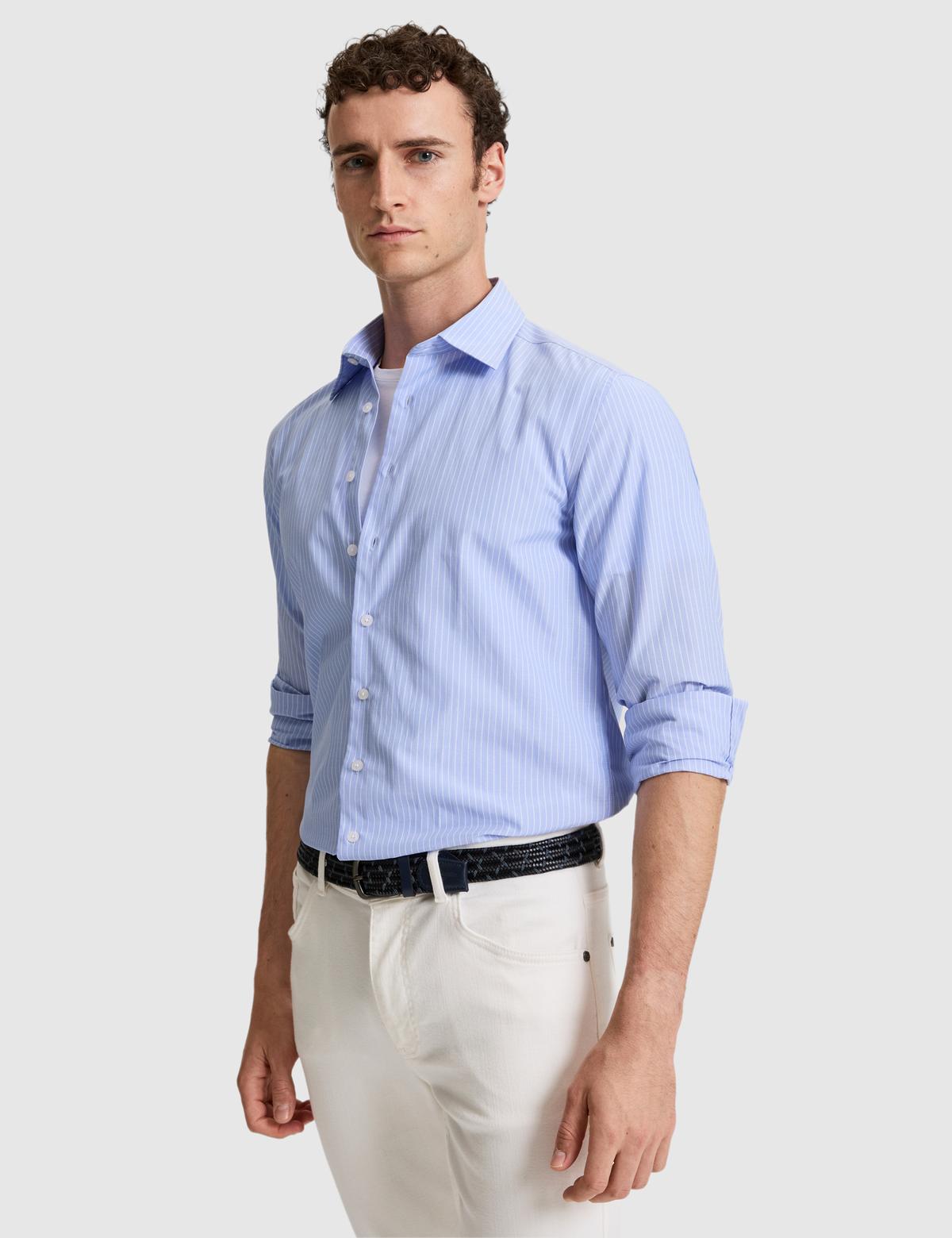 Açık Mavi Slim Fit Çizgili Uzun Kollu Gömlek - 50310777024