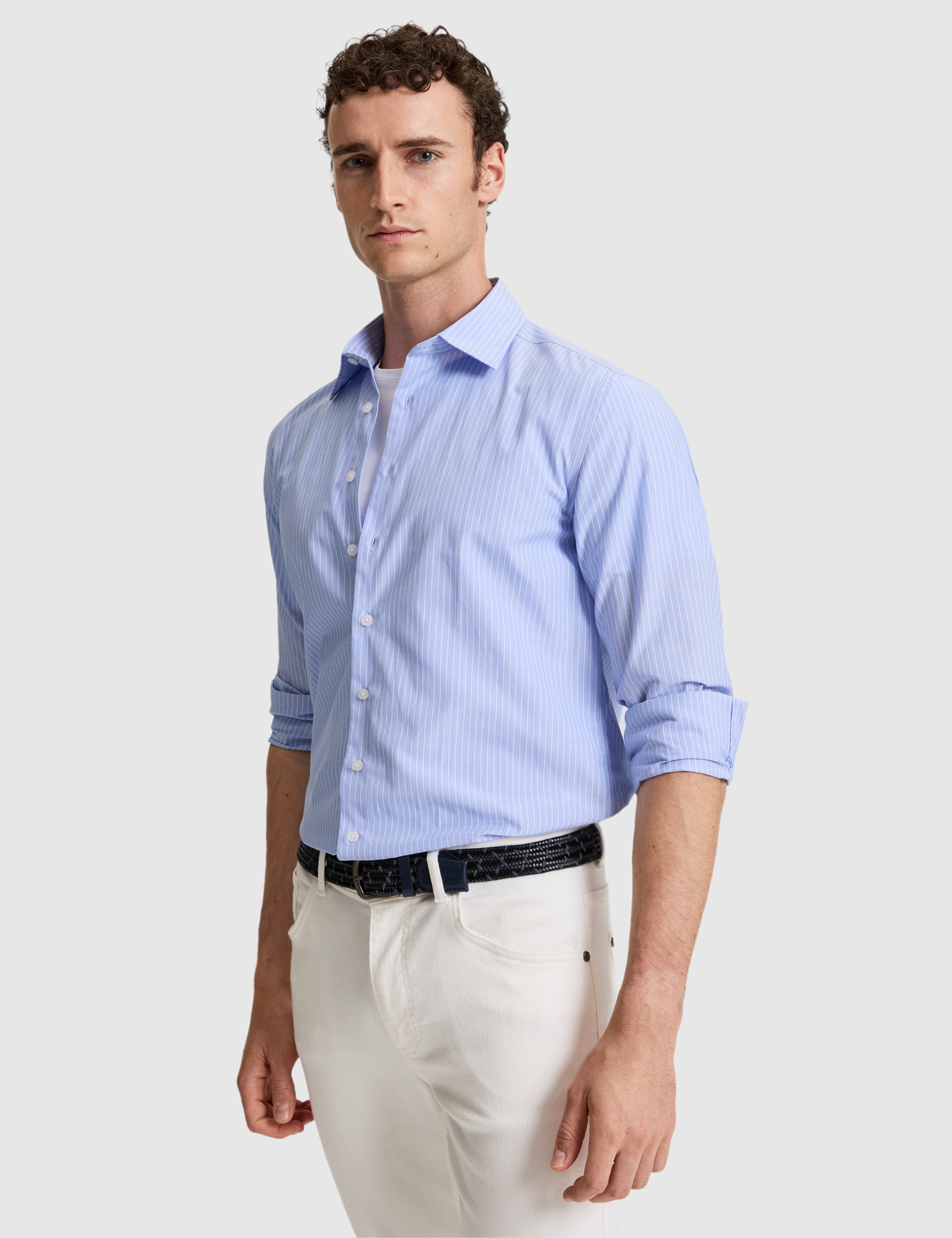 Açık Mavi Slim Fit Çizgili Uzun Kollu Gömlek - Image 3