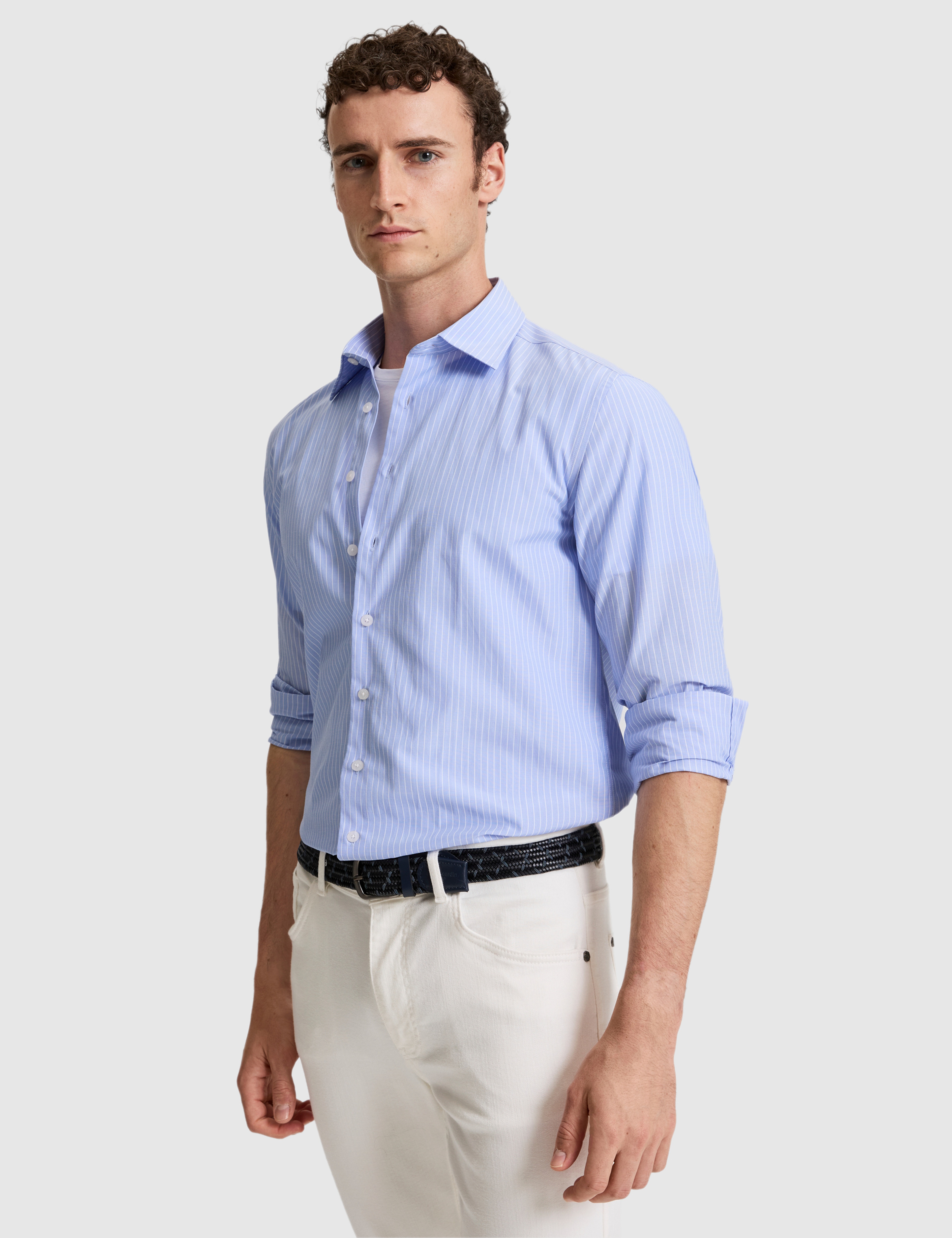 Açık Mavi Slim Fit Çizgili Uzun Kollu Gömlek