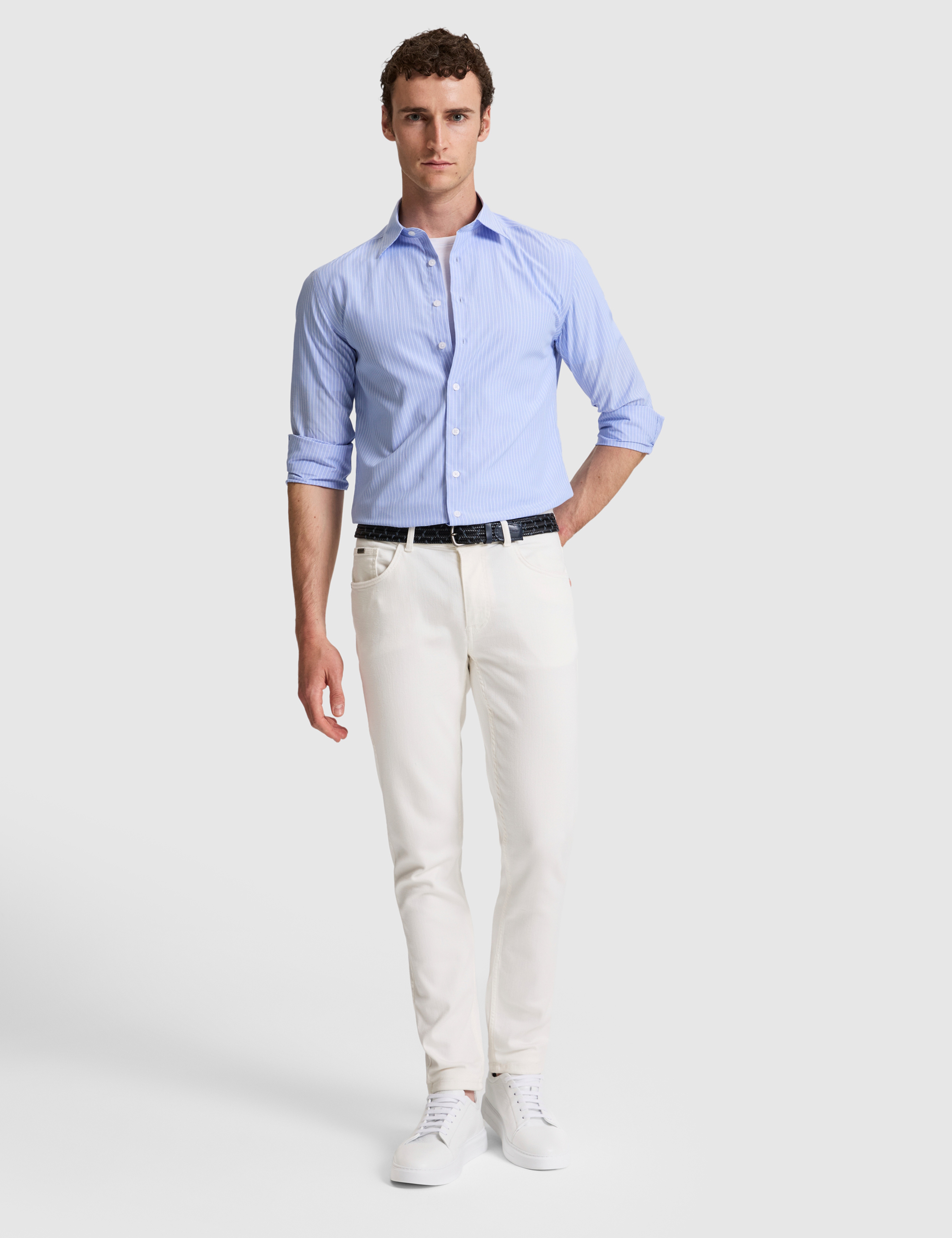 Açık Mavi Slim Fit Çizgili Uzun Kollu Gömlek