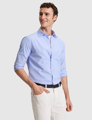 Açık Mavi Slim Fit Çizgili Uzun Kollu Gömlek
