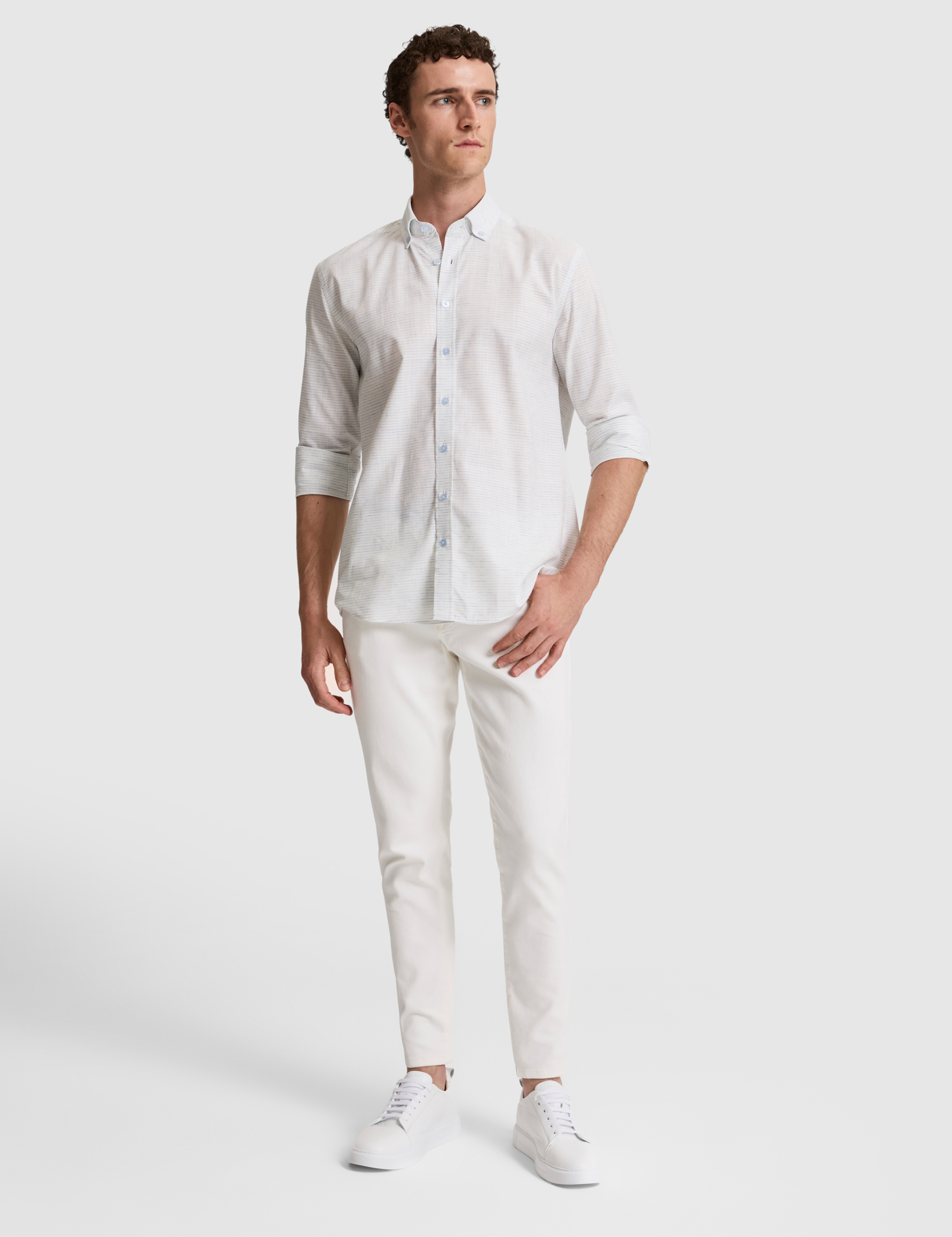 Mavi Keten Karışımlı Regular Fit Uzun Kollu Gömlek - Image 4