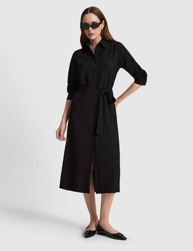 Siyah Comfort Fit Dokuma Elbise