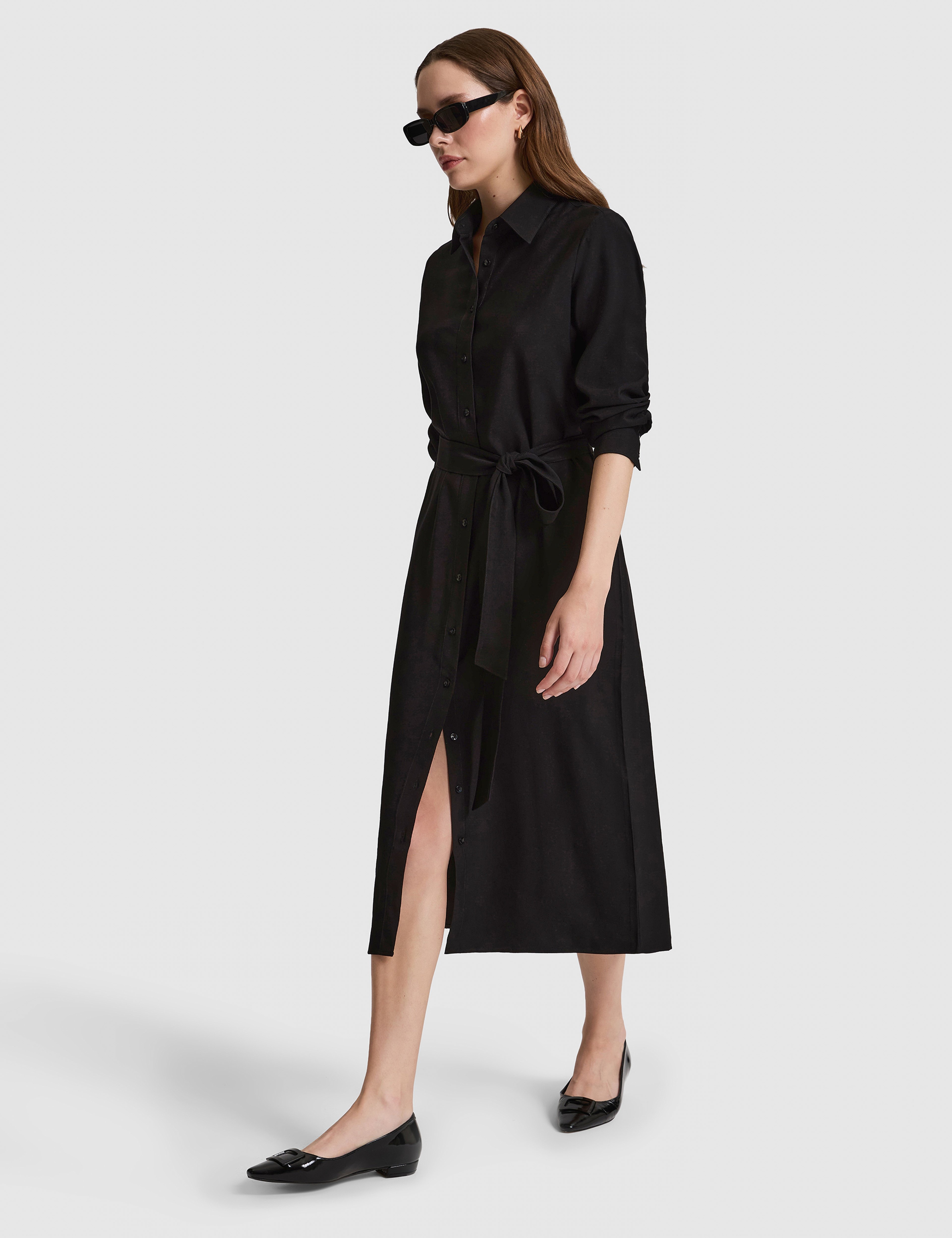 Siyah Comfort Fit Dokuma Elbise
