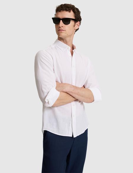 Beyaz Keten Karışımlı Regular Fit Uzun Kollu Gömlek - 50325356011