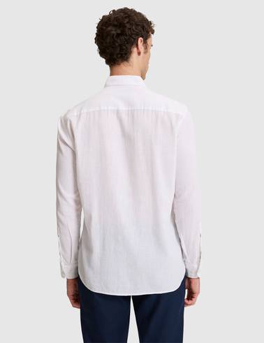 Beyaz Keten Karışımlı Regular Fit Uzun Kollu Gömlek