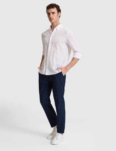 Beyaz Keten Karışımlı Regular Fit Uzun Kollu Gömlek