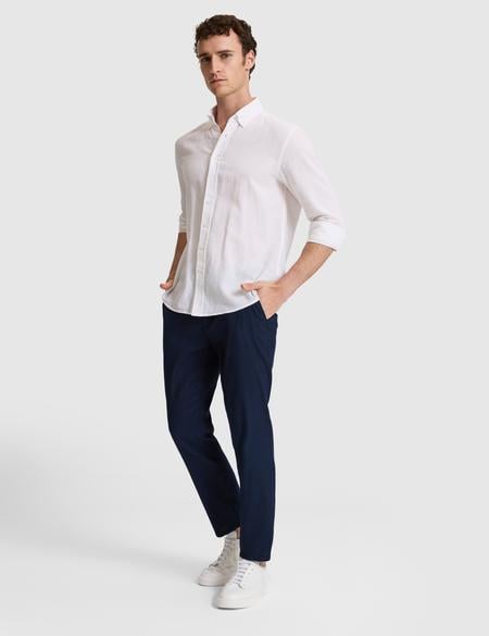 Beyaz Keten Karışımlı Regular Fit Uzun Kollu Gömlek - 50325356011
