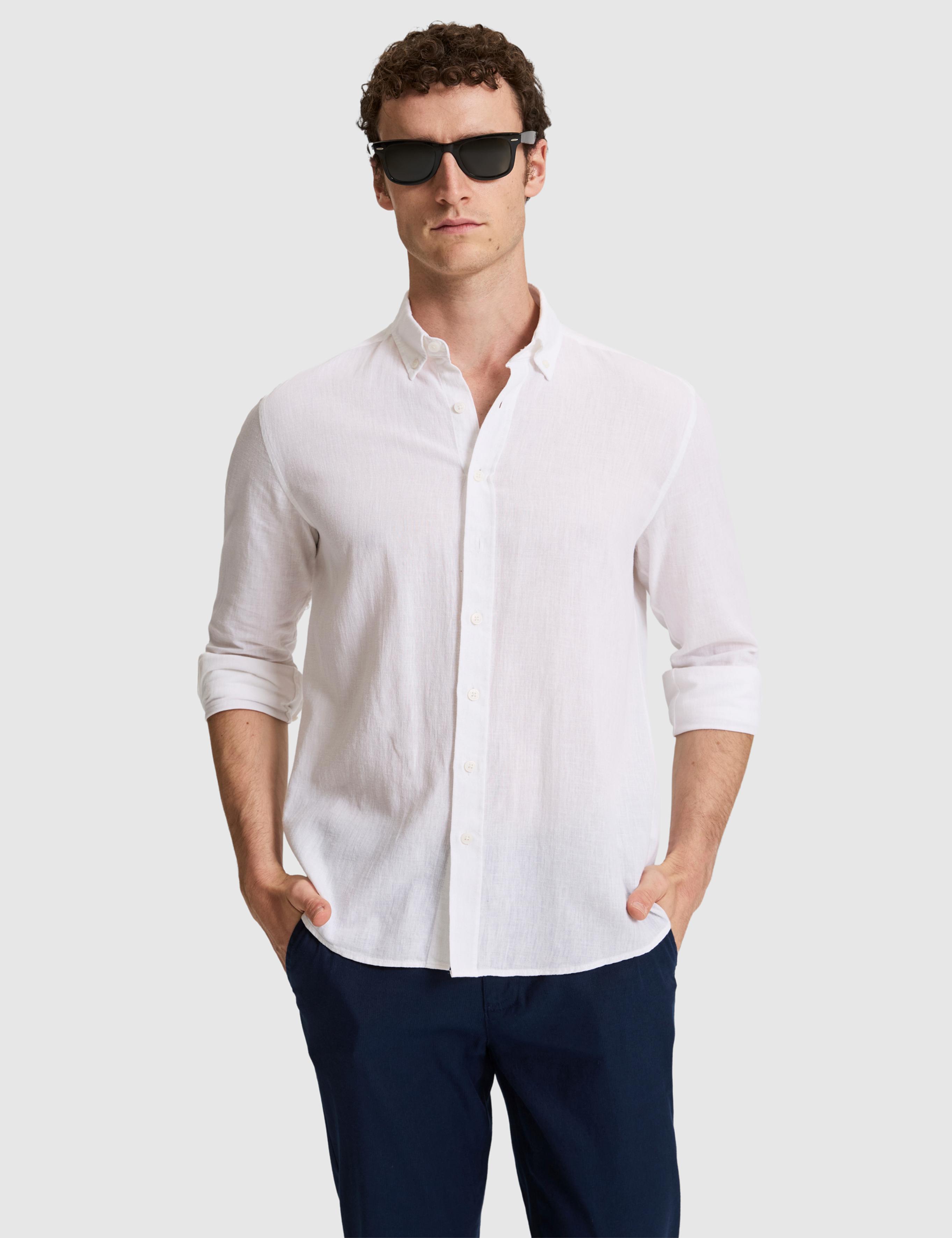 Beyaz Keten Karışımlı Regular Fit Uzun Kollu Gömlek