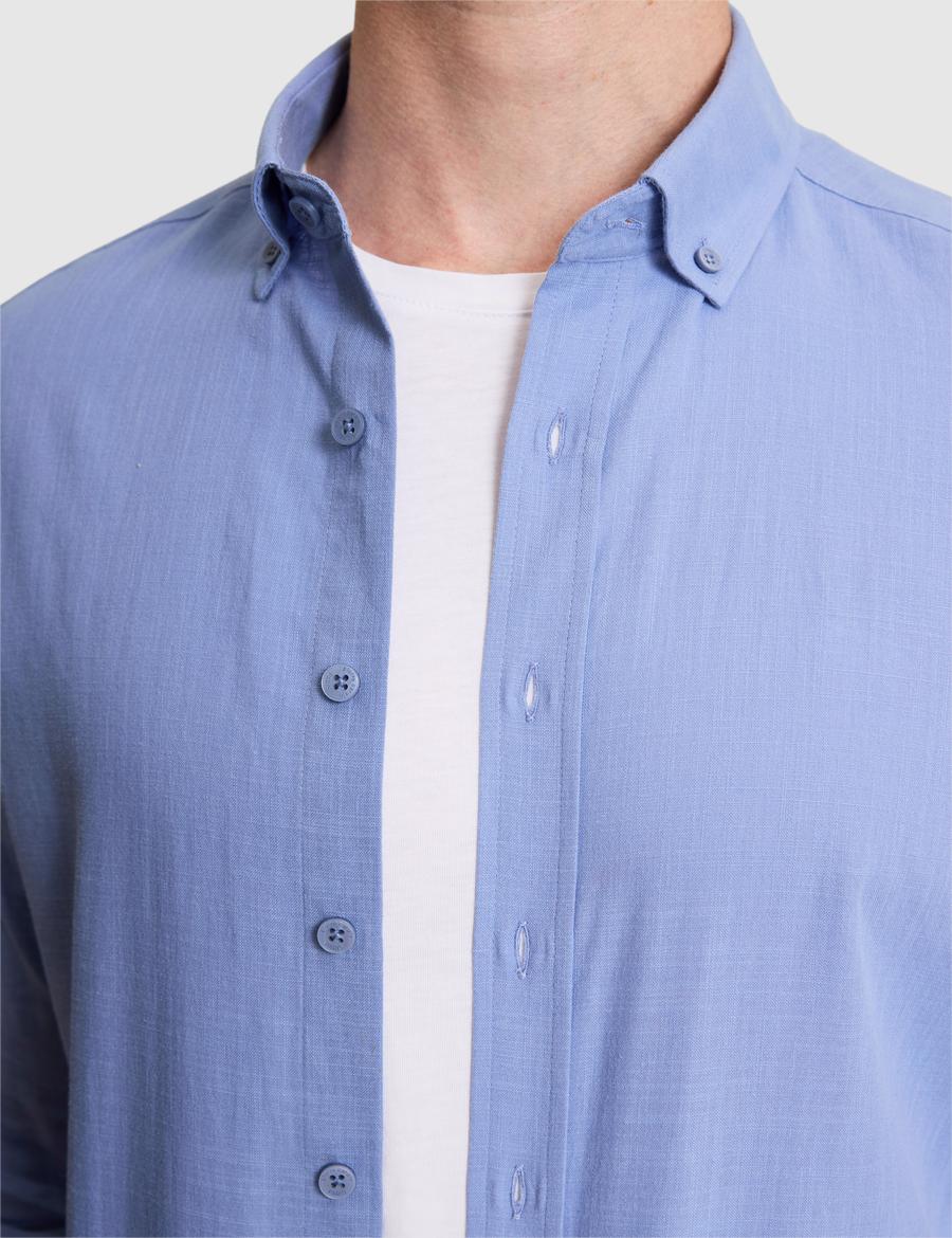 Mavi %100 Pamuk Keten Görünümlü Slim Fit Uzun Kollu Gömlek