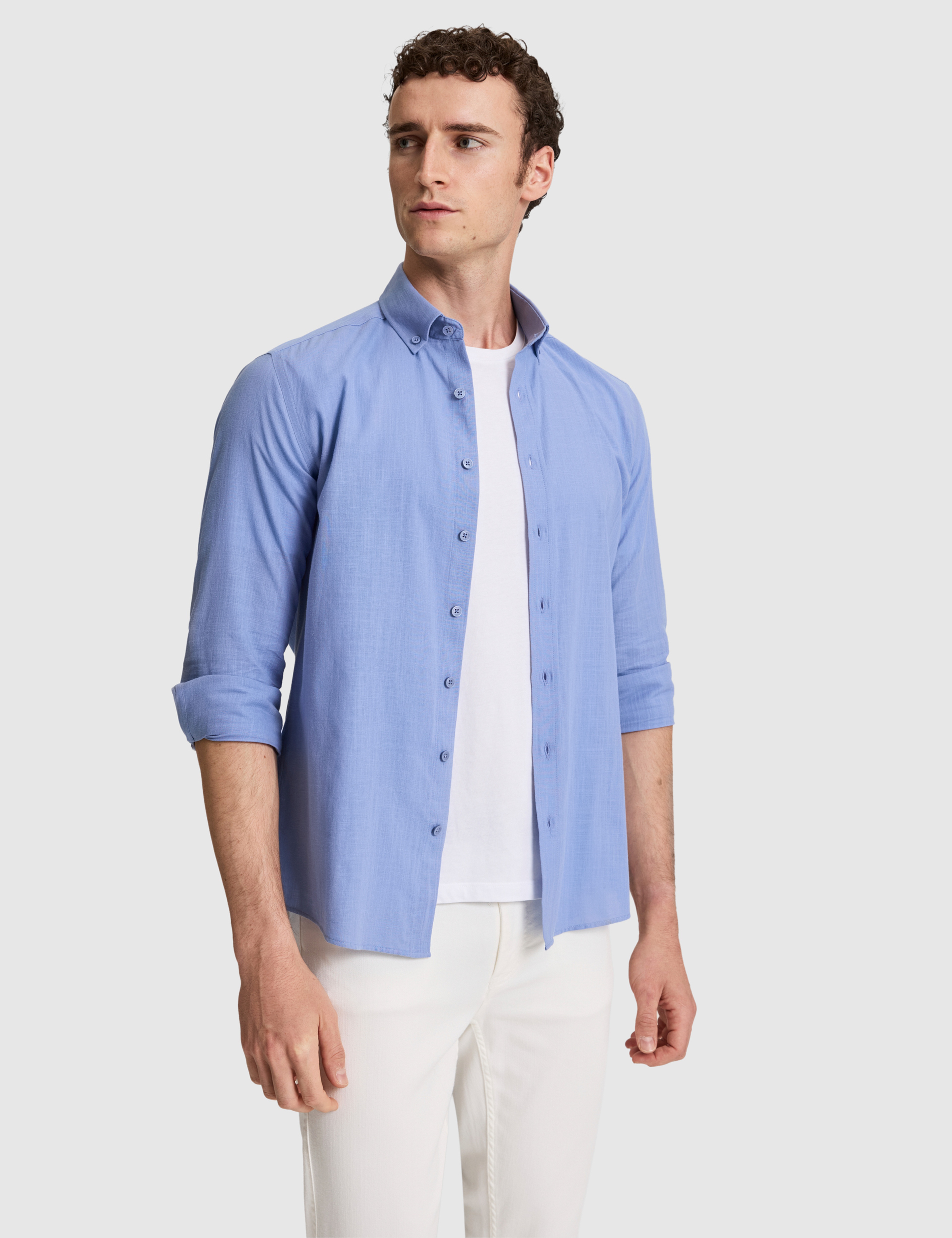 Mavi %100 Pamuk Keten Görünümlü Slim Fit Uzun Kollu Gömlek