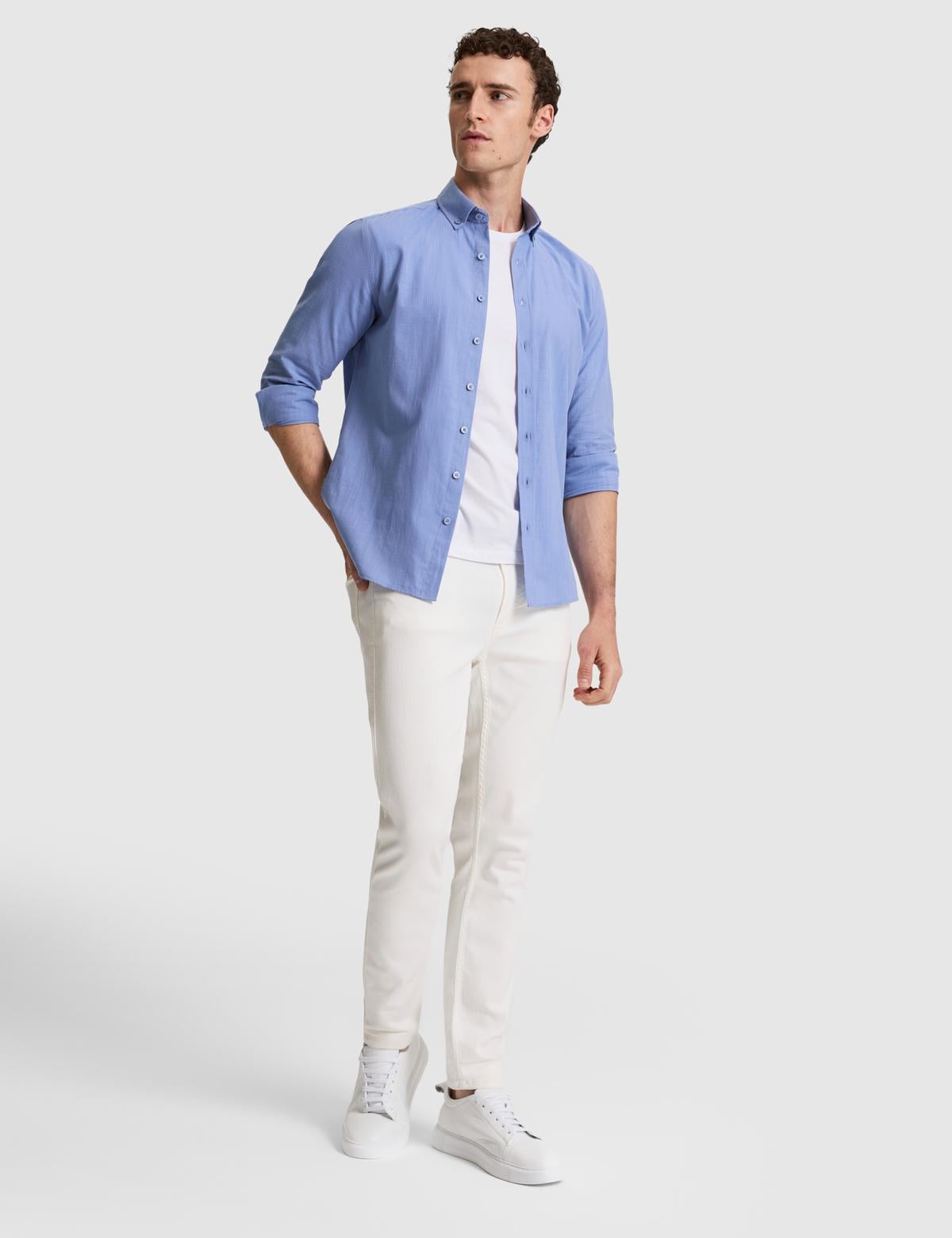 Mavi %100 Pamuk Keten Görünümlü Slim Fit Uzun Kollu Gömlek - 50325355006
