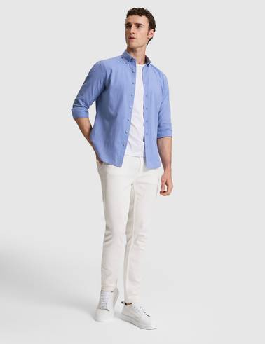 Mavi %100 Pamuk Keten Görünümlü Slim Fit Uzun Kollu Gömlek