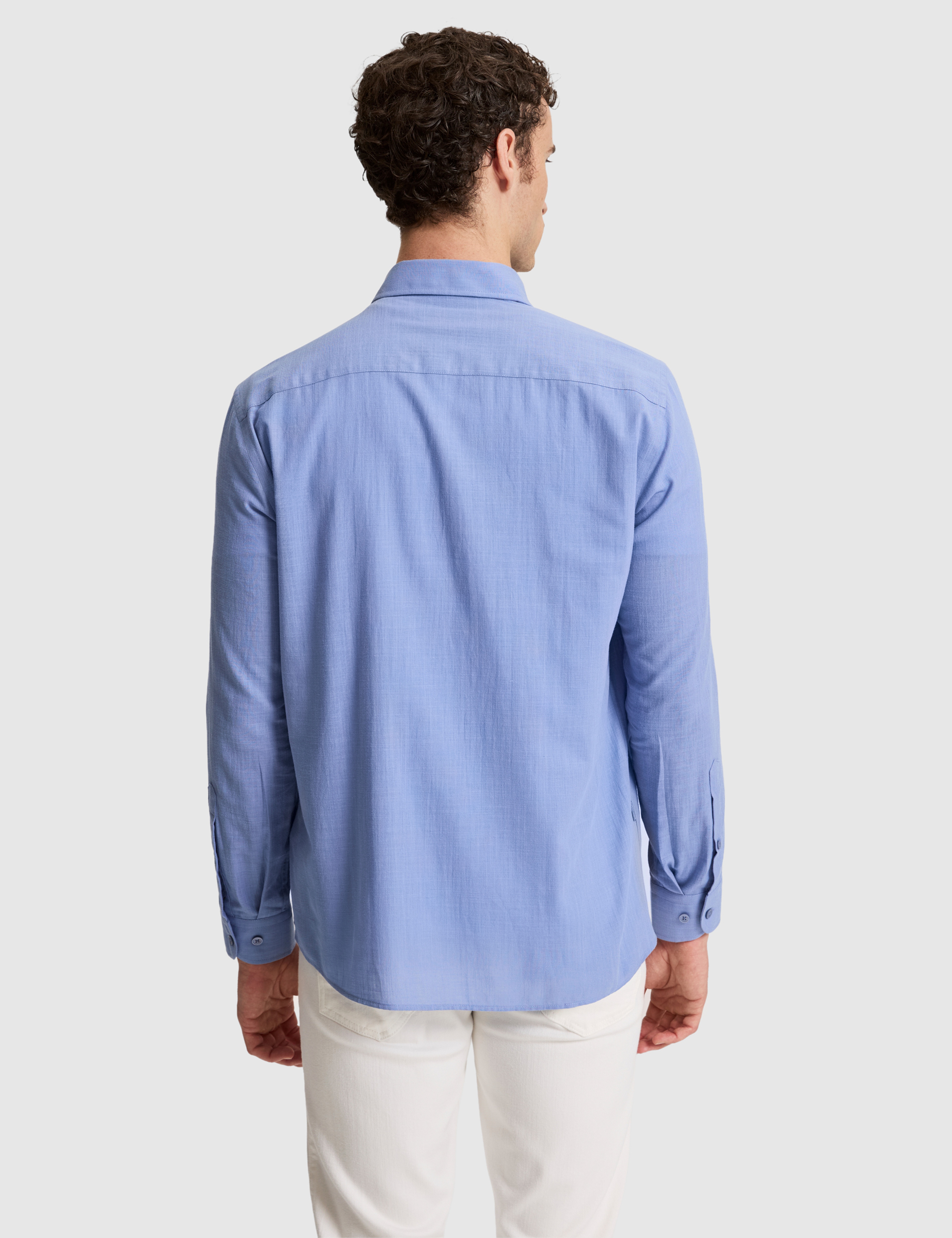 Mavi %100 Pamuk Keten Görünümlü Slim Fit Uzun Kollu Gömlek
