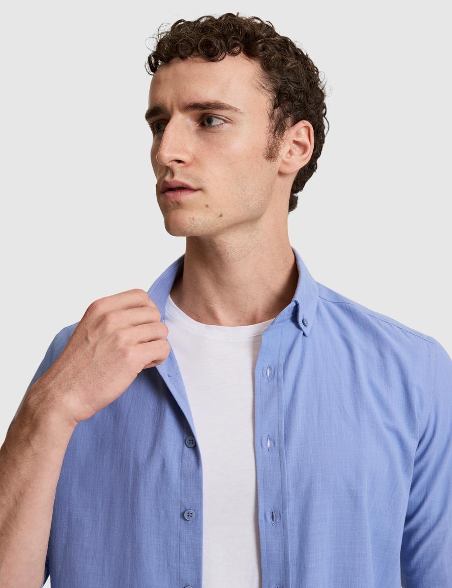 Mavi %100 Pamuk Keten Görünümlü Slim Fit Uzun Kollu Gömlek
