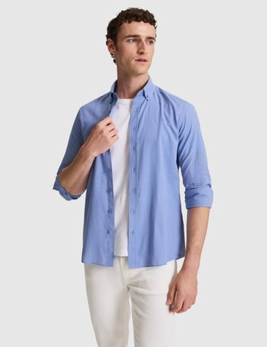 Mavi %100 Pamuk Keten Görünümlü Slim Fit Uzun Kollu Gömlek