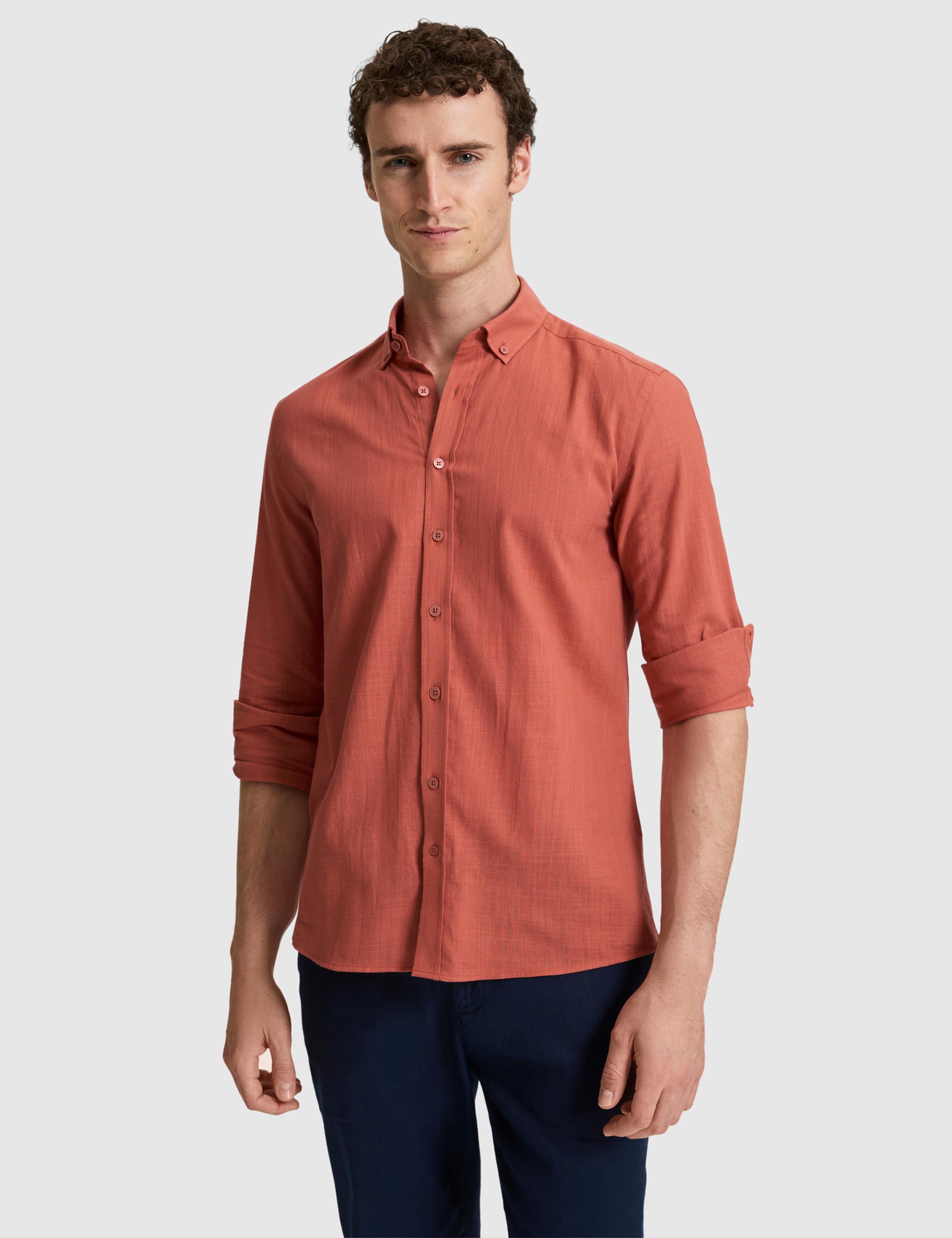 Kiremit %100 Pamuk Keten Görünümlü Slim Fit Uzun Kollu Gömlek