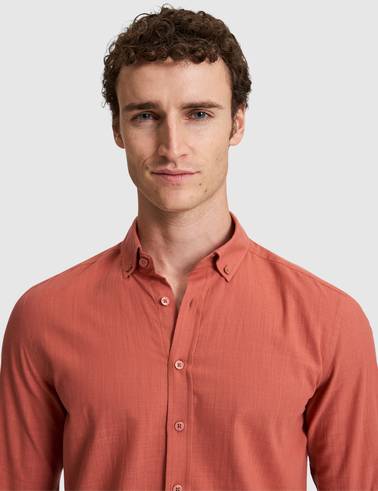 Kiremit %100 Pamuk Keten Görünümlü Slim Fit Uzun Kollu Gömlek
