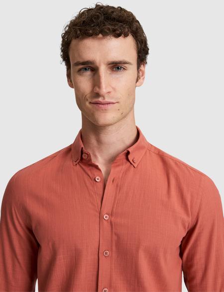 Kiremit %100 Pamuk Keten Görünümlü Slim Fit Uzun Kollu Gömlek - 50325355015