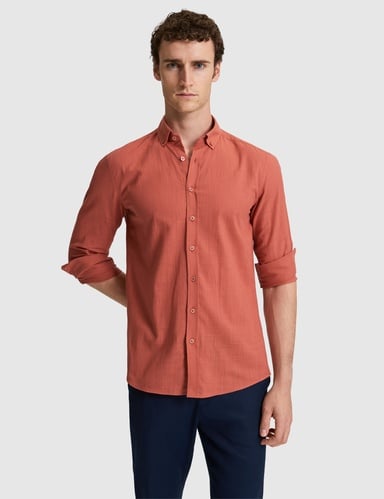 Kiremit %100 Pamuk Keten Görünümlü Slim Fit Uzun Kollu Gömlek