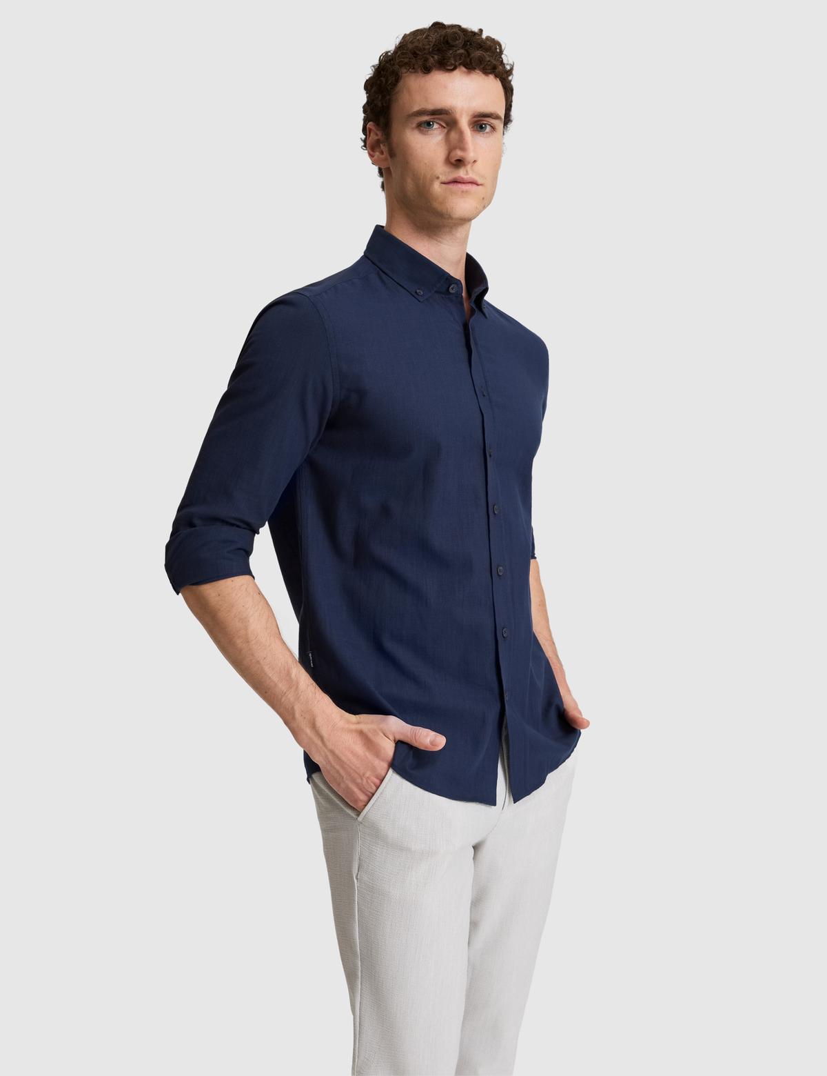 Koyu Lacivert %100 Pamuk Keten Görünümlü Slim Fit Uzun Kollu Gömlek - 50325355071