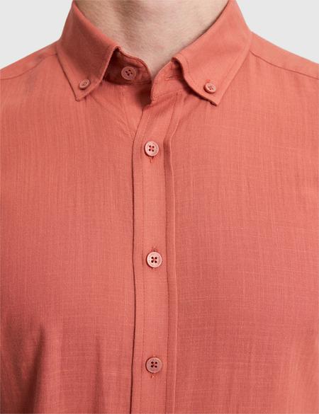 Kiremit %100 Pamuk Keten Görünümlü Slim Fit Uzun Kollu Gömlek - 50325355015
